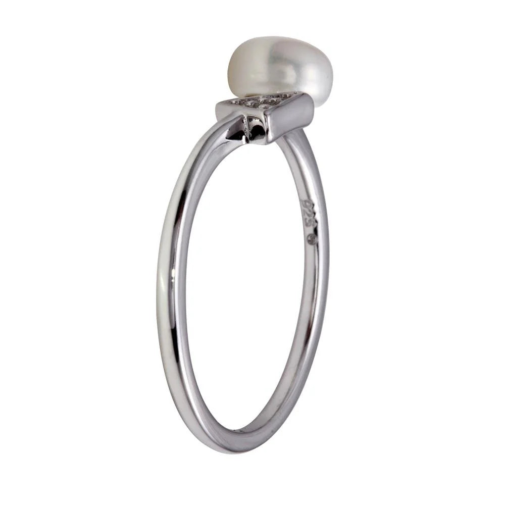 925 Sterling Silver Rhodium Plated CZ and Synthetic Pearl Ring
