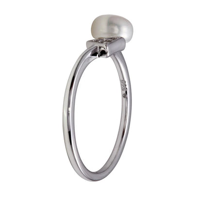 925 Sterling Silver Rhodium Plated CZ and Synthetic Pearl Ring