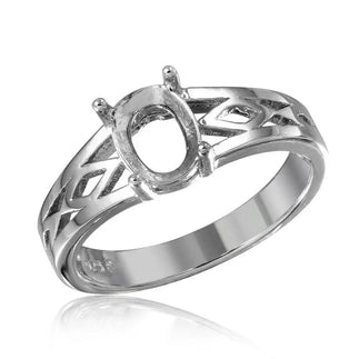 925 Sterling Silver Rhodium Plated Cut Out Designed Shank Single Stone Mounting Ring
