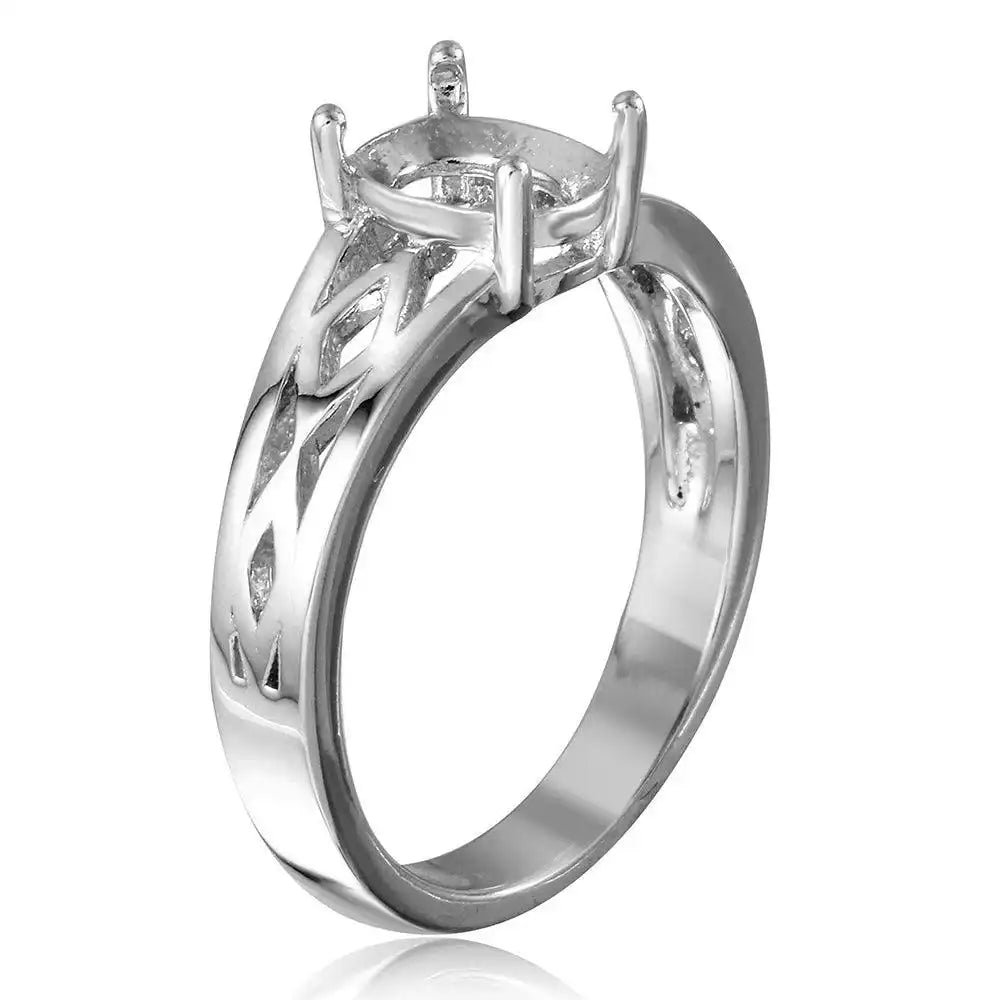 925 Sterling Silver Rhodium Plated Cut Out Designed Shank Single Stone Mounting Ring
