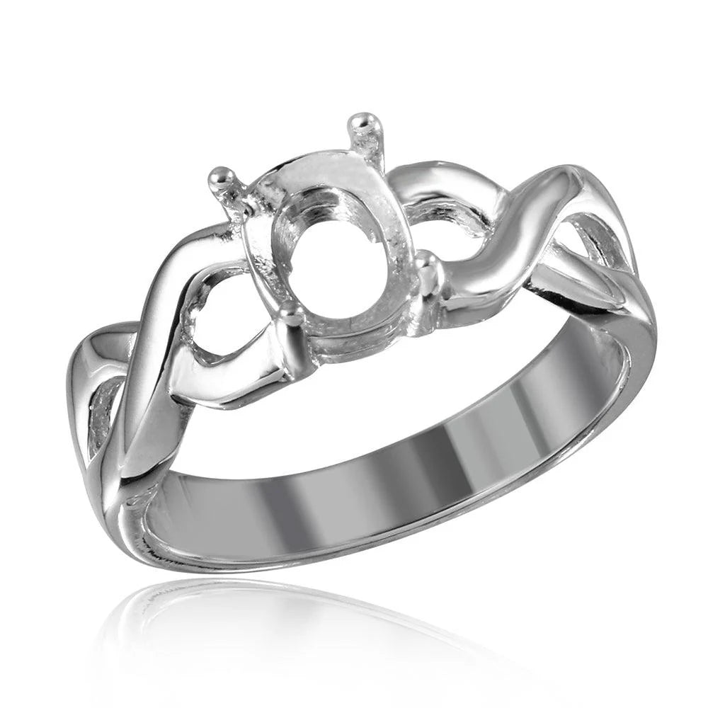 925 Silver Rhodium Plated Open Overlap Shank Oval Stone Mounting Ring