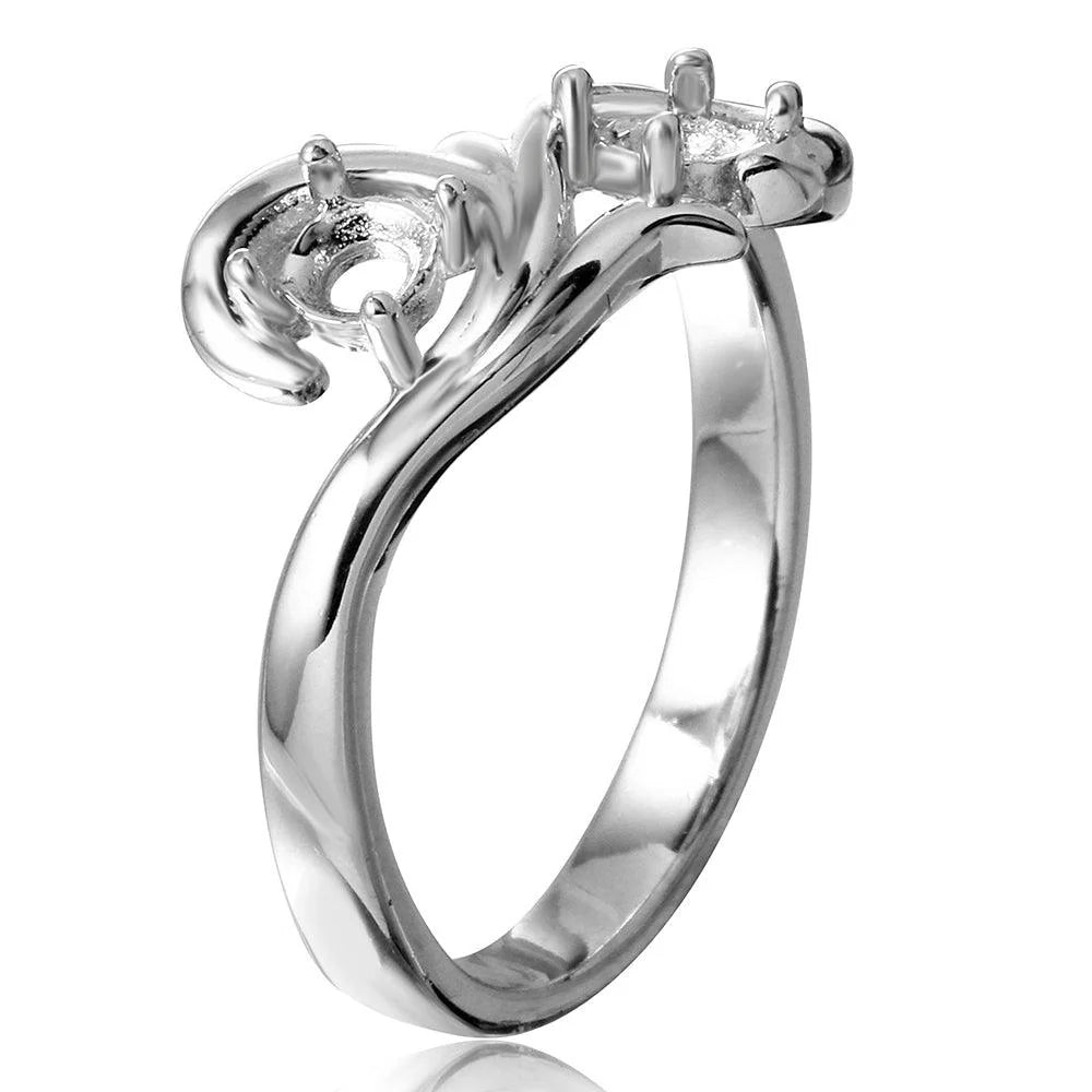 925 Silver Rhodium Plated Vine Design 2 Stones Mounting Ring