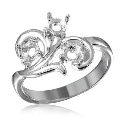 925 Silver Rhodium Plated Vine Design 3 Stones Mounting Ring