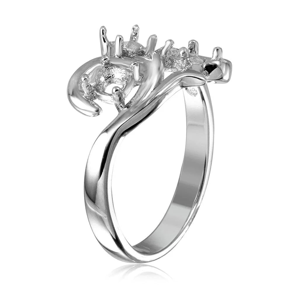 925 Silver Rhodium Plated Vine Design 3 Stones Mounting Ring