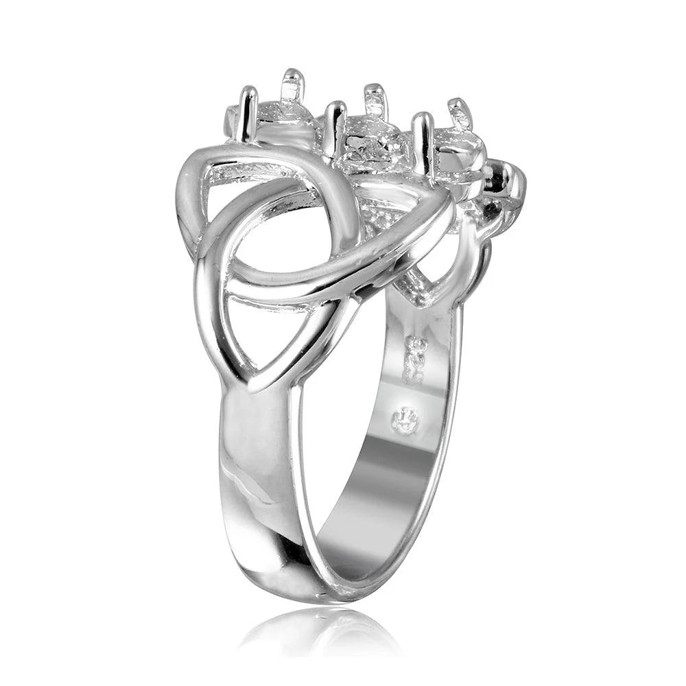 925 Silver Rhodium Plated Triquetra Shank 3 Stones Mounting Ring