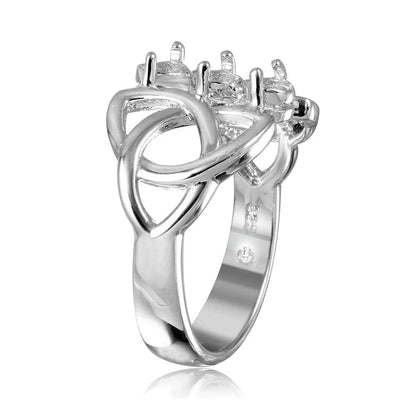 925 Silver Rhodium Plated Triquetra Shank 3 Stones Mounting Ring