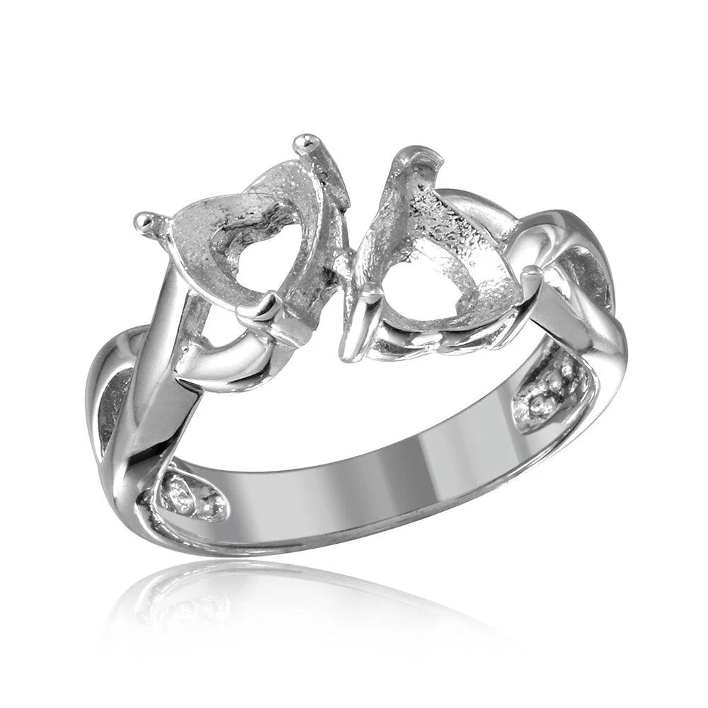 925 Silver Rhodium Plated Double Heart Mounting Twisted Shank Ring