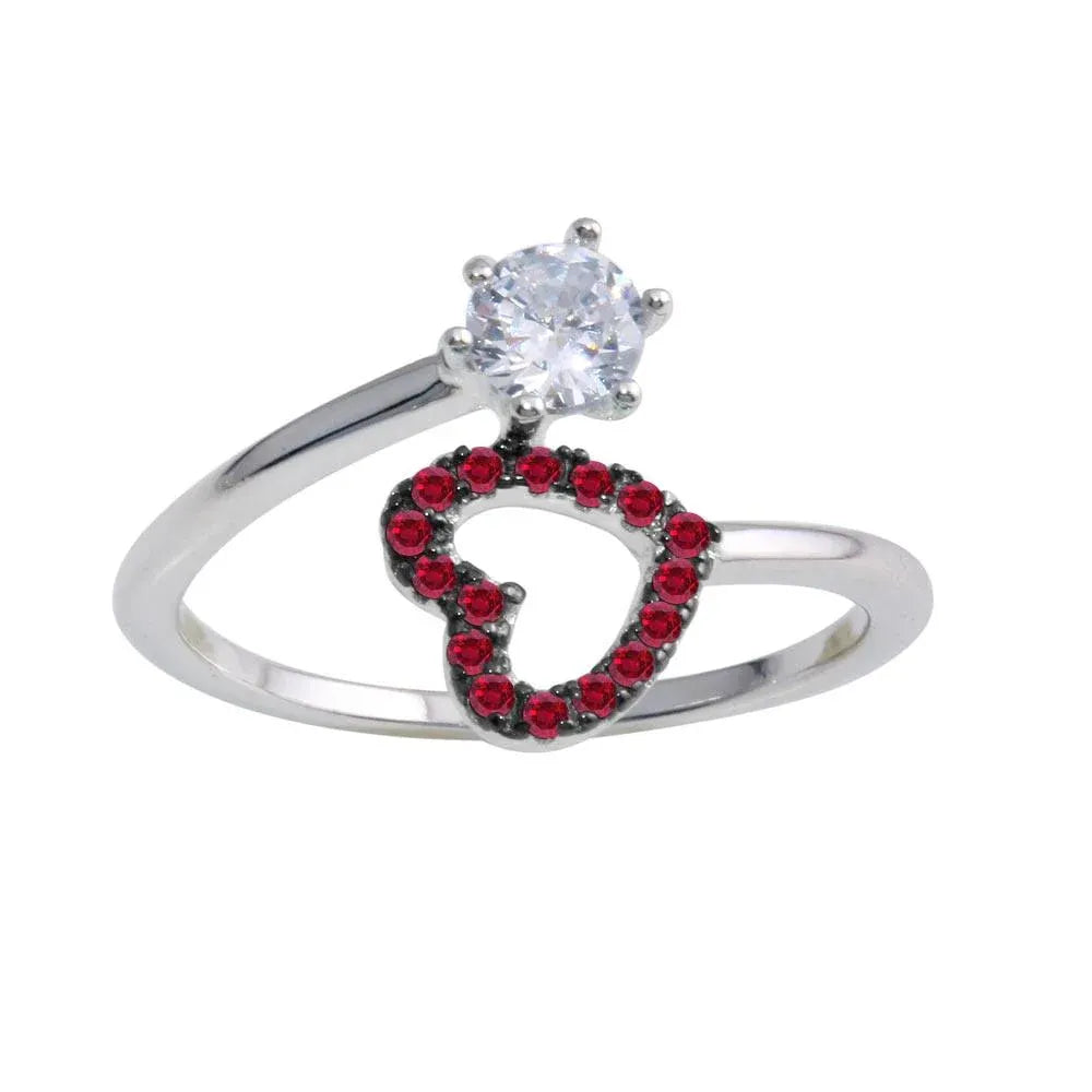 925 Sterling Silver Rhodium Plated Open Heart Ring with Red and Clear CZ