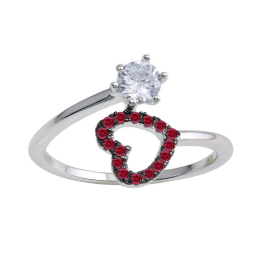 925 Sterling Silver Rhodium Plated Open Heart Ring with Red and Clear CZ