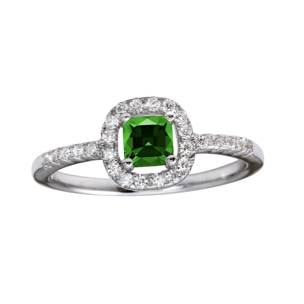 925 Sterling Silver Rhodium Plated Square Clear and Green CZ Center Stone Ring