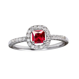 925 Sterling Silver Rhodium Plated Square Clear and Red CZ Center Stone Ring