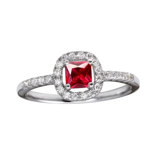 925 Sterling Silver Rhodium Plated Square Clear and Red CZ Center Stone Ring