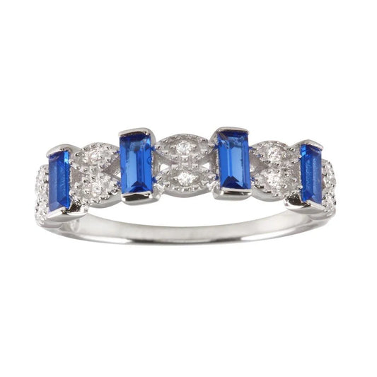 925 Sterling Silver Rhodium Plated Blue Bar CZ Link Ring