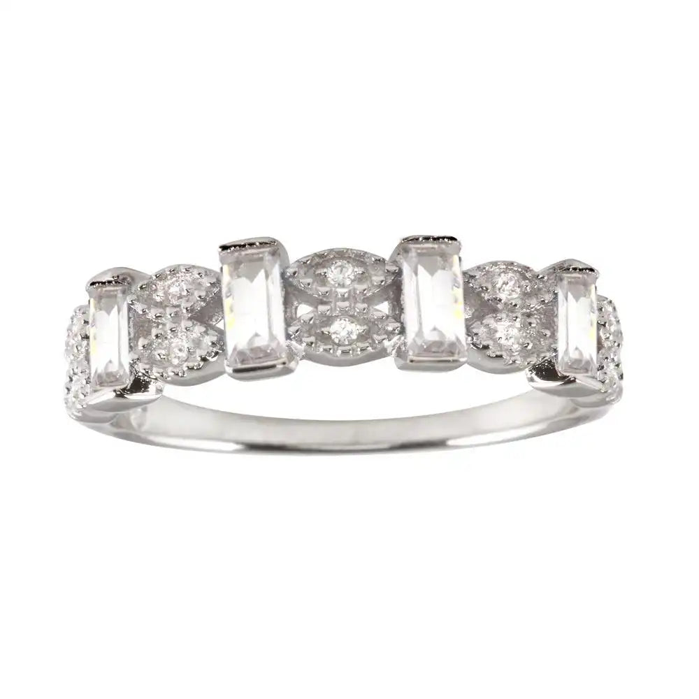 925 Sterling Silver Rhodium Plated Clear Bar CZ Link Ring