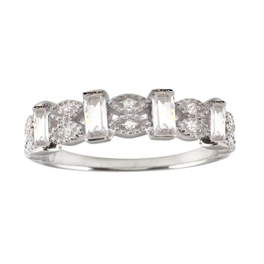 925 Sterling Silver Rhodium Plated Clear Bar CZ Link Ring