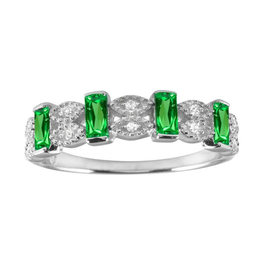 925 Sterling Silver Rhodium Plated Green Bar CZ Link Ring