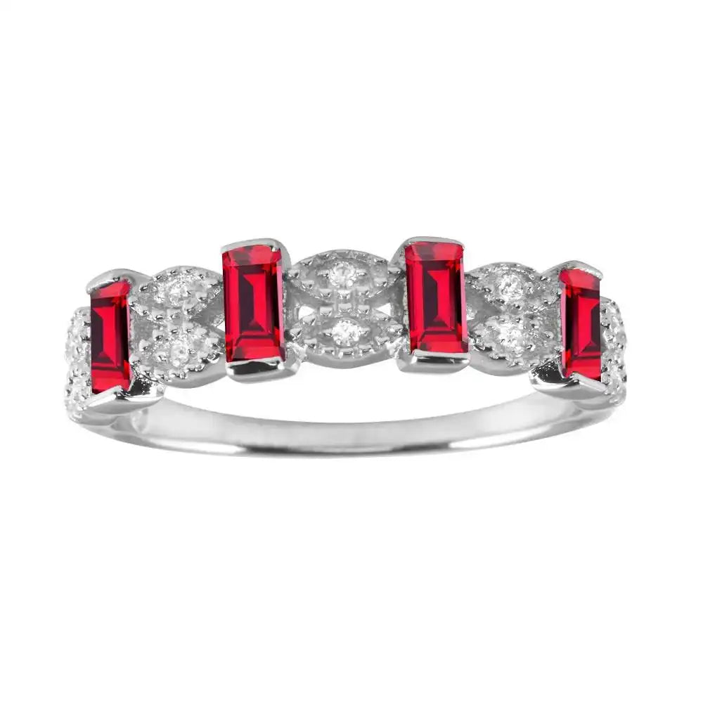 925 Sterling Silver Rhodium Plated Red Bar CZ Link Ring