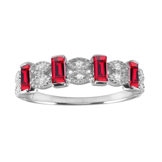 925 Sterling Silver Rhodium Plated Red Bar CZ Link Ring
