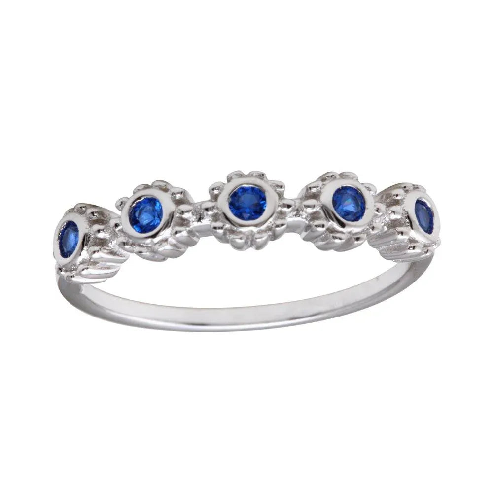 925 Sterling Silver Rhodium Plated 5 Flower Blue CZ Ring
