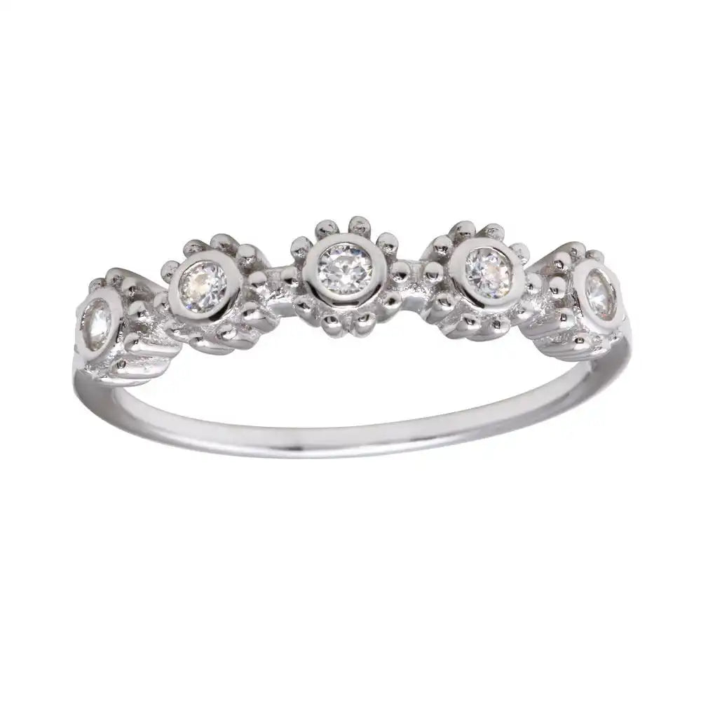 925 Sterling Silver Rhodium Plated 5 Flower Clear CZ Ring