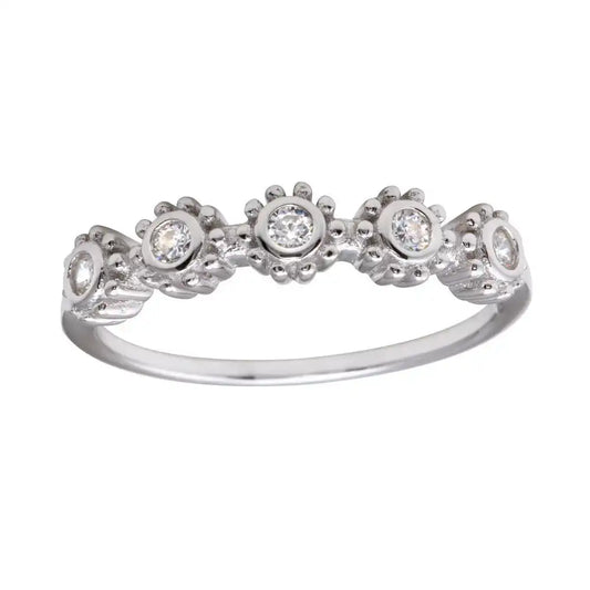 925 Sterling Silver Rhodium Plated 5 Flower Clear CZ Ring