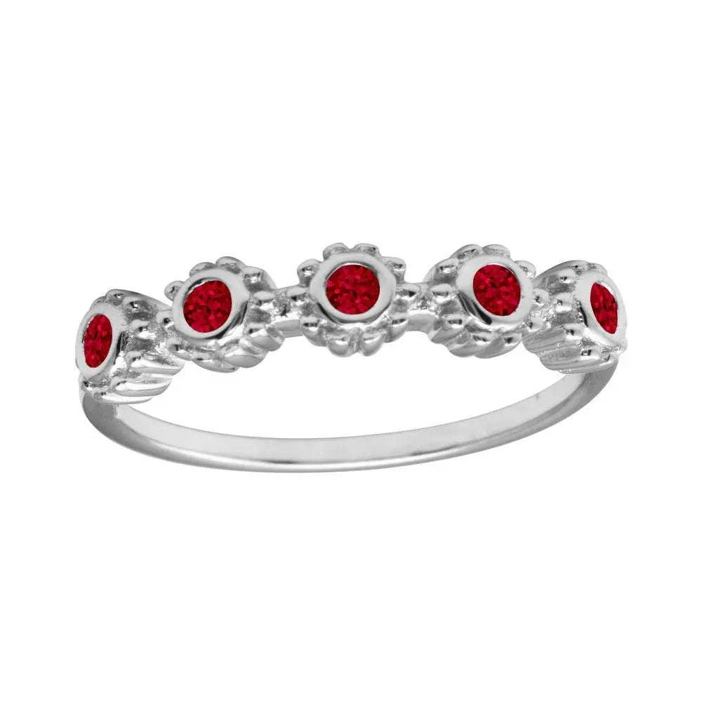 925 Sterling Silver Rhodium Plated 5 Flower Red CZ Ring