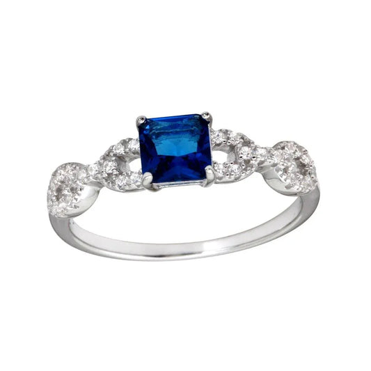 925 Sterling Silver Rhodium Plated Square Blue CZ Center Stone Chain Design Shank Ring