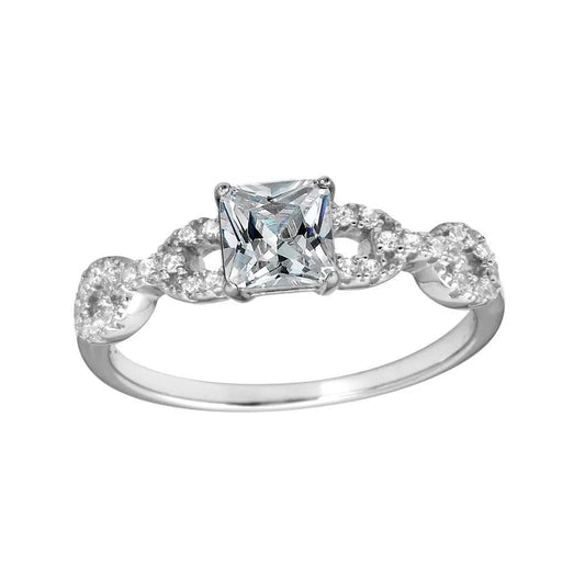 925 Sterling Silver Rhodium Plated Square Clear CZ Center Stone Chain Design Shank Ring