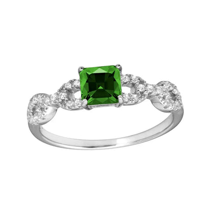 925 Sterling Silver Rhodium Plated Square Green CZ Center Stone Chain Design Shank Ring