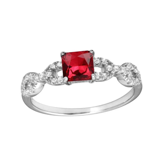 925 Sterling Silver Rhodium Plated Square Red CZ Center Stone Chain Design Shank Ring