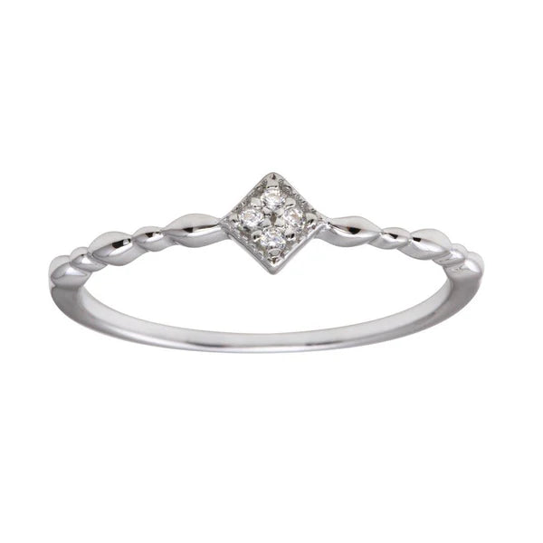 925 Sterling Silver Rhodium Plated Diamond Shape 4 Clear CZ Ring