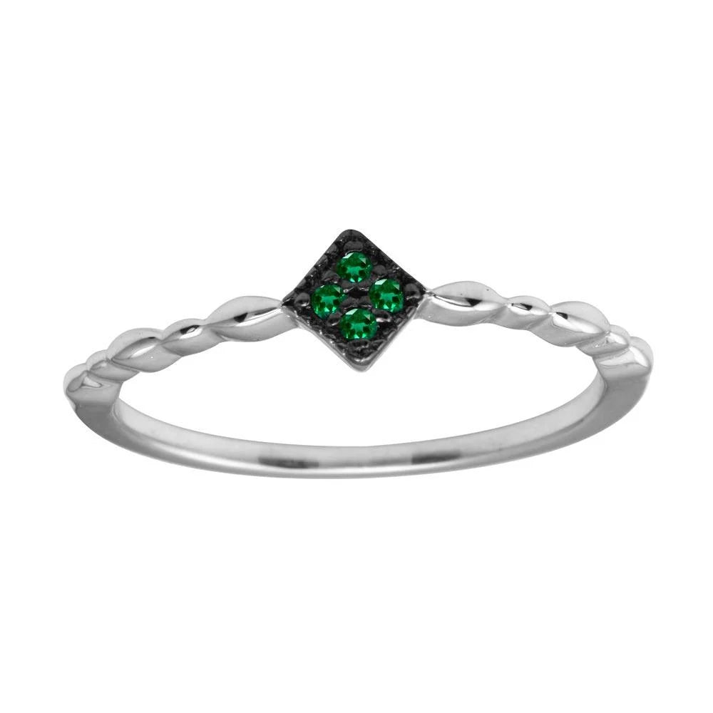 925 Sterling Silver Rhodium Plated  Diamond Shape 4 Green CZ Ring