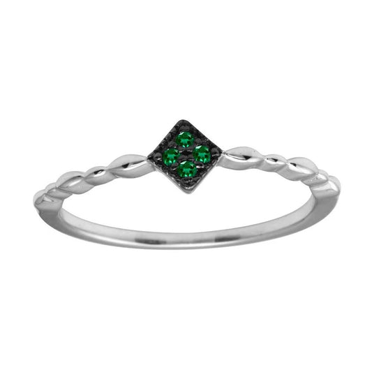 925 Sterling Silver Rhodium Plated  Diamond Shape 4 Green CZ Ring