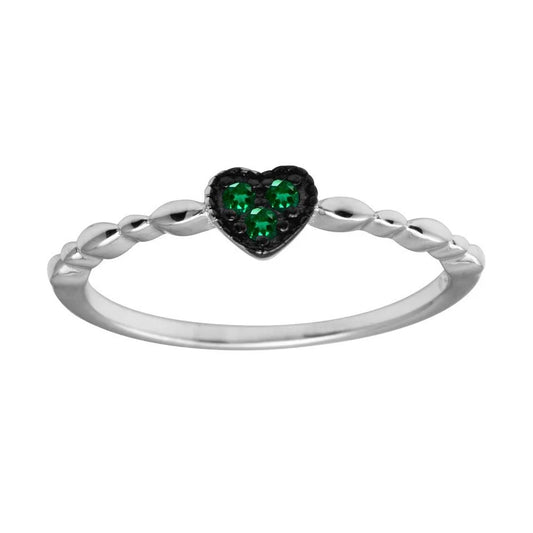 925 Sterling Silver Rhodium Plated Heart 3 Green CZ Ring