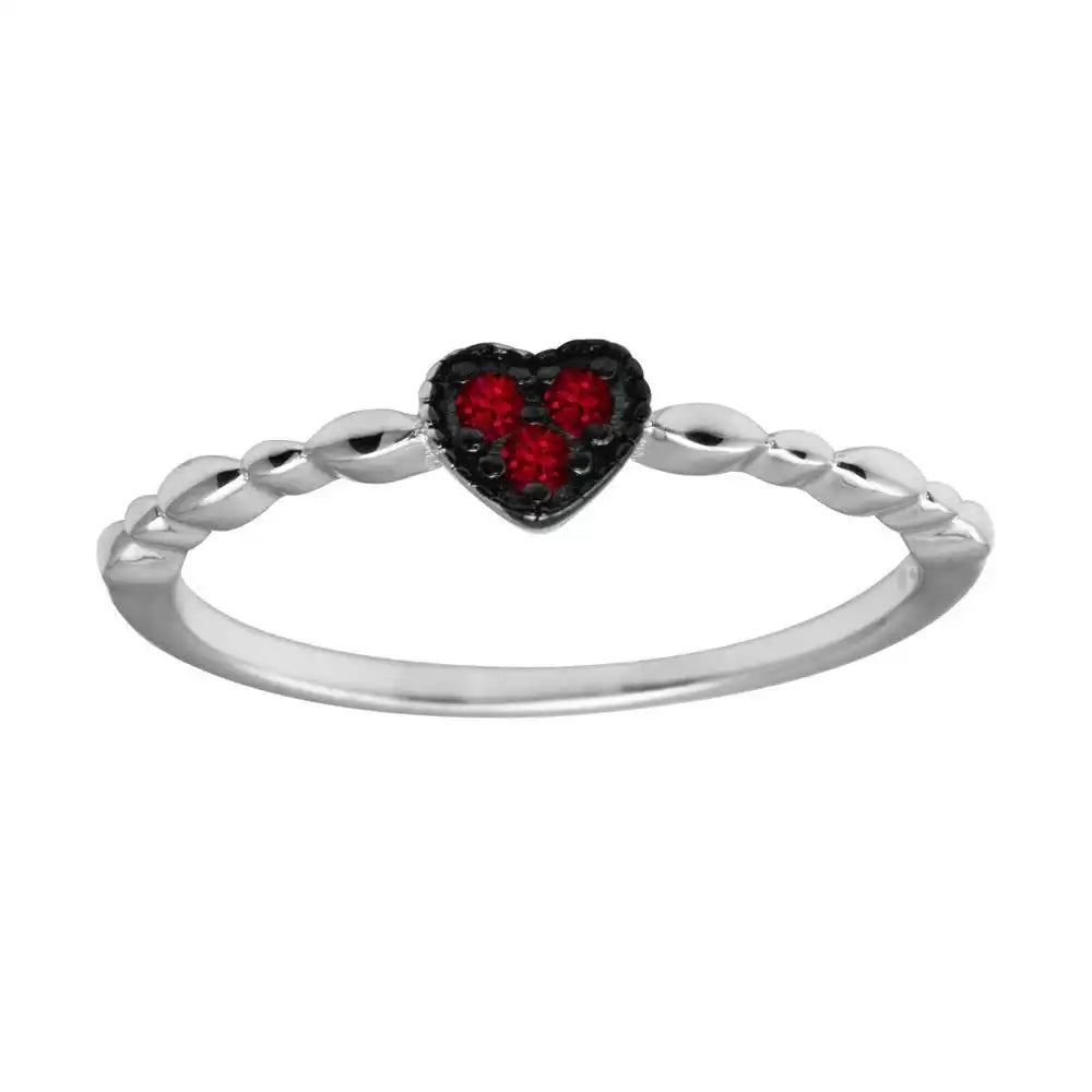 925 Sterling Silver Rhodium Plated Heart 3 Red CZ Ring