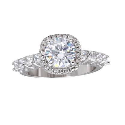 925 Sterling Silver Rhodium Plated Round CZ Square Shape Halo Ring with CZ Shank