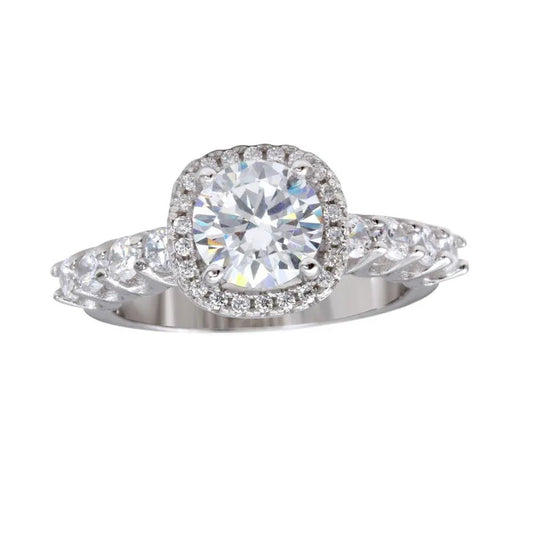 925 Sterling Silver Rhodium Plated Round CZ Square Shape Halo Ring with CZ Shank