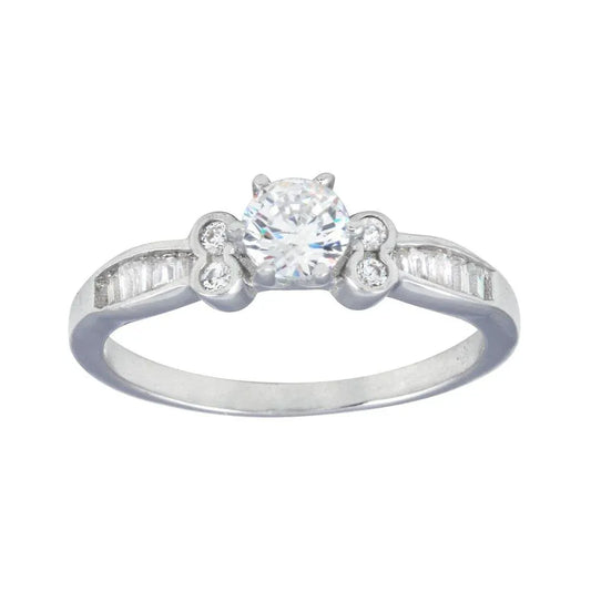 925 Sterling Silver Rhodium Plated Baguette Shank CZ Bridal Ring