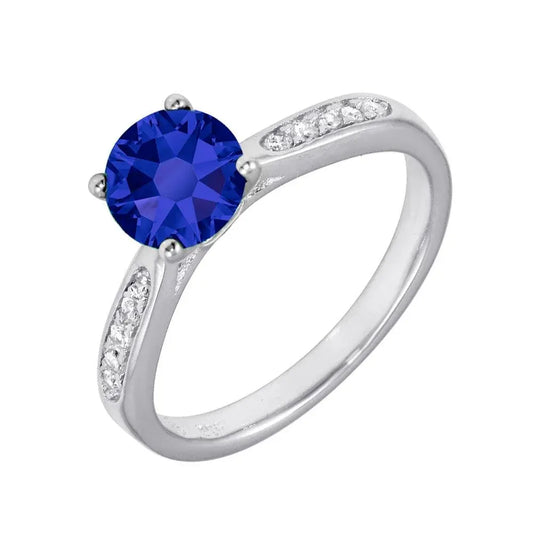 925 Sterling Silver Rhodium Plated Round Blue CZ Center Stone Ring
