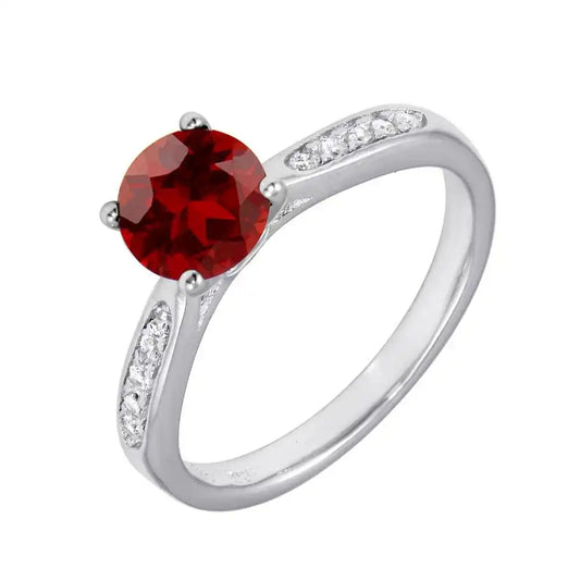 925 Sterling Silver Rhodium Plated Round Red CZ Center Stone Ring