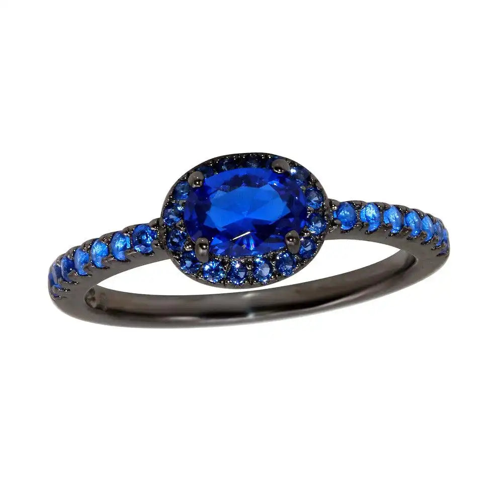 925 Sterling Silver Black Rhodium Plated Blue Oval CZ Stone Ring