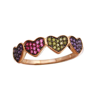 925 Sterling Silver Rose Gold Plated 4 Heart Ring with Multi-Colored CZ