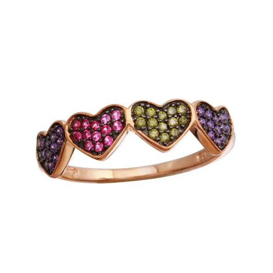 925 Sterling Silver Rose Gold Plated 4 Heart Ring with Multi-Colored CZ