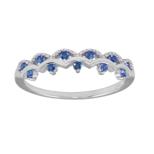 925 Sterling Silver Rhodium Plated Wavy Ring with Blue CZ