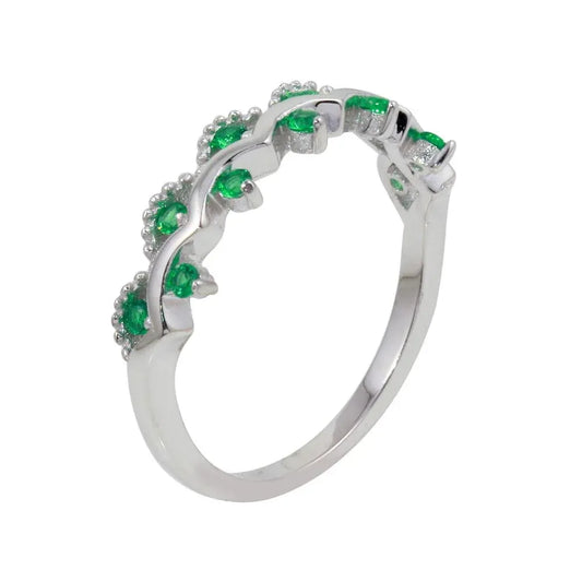 925 Sterling Silver Rhodium Plated Wavy Ring with Green CZ