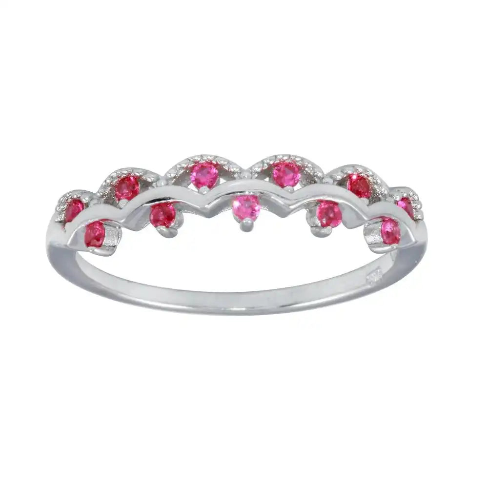925 Sterling Silver Rhodium Plated Wavy Ring with Red CZ