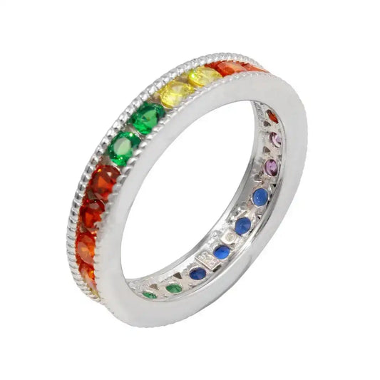 925 Sterling Silver Rhodium Plated Rainbow CZ Eternity Ring