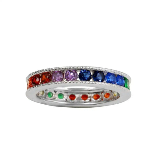 925 Sterling Silver Rhodium Plated Rainbow CZ Eternity Ring