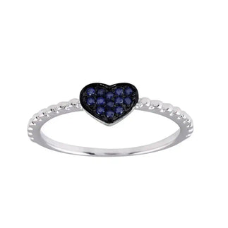 925 Sterling Silver Rhodium Plated Beaded Heart Blue CZ Ring