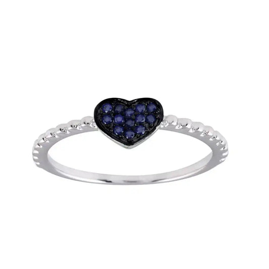 925 Sterling Silver Rhodium Plated Beaded Heart Blue CZ Ring